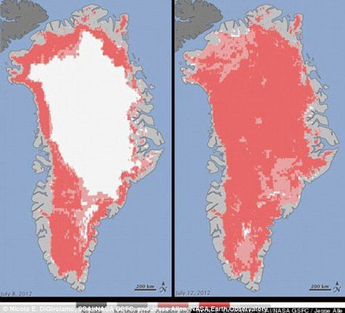 NASA卫星图显示97%格陵兰冰原开始融化
