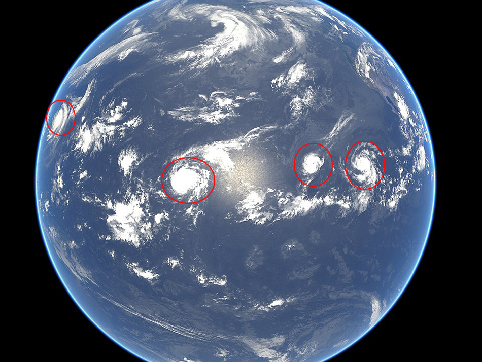 卫星拍摄太平洋上空同时惊现四股风暴